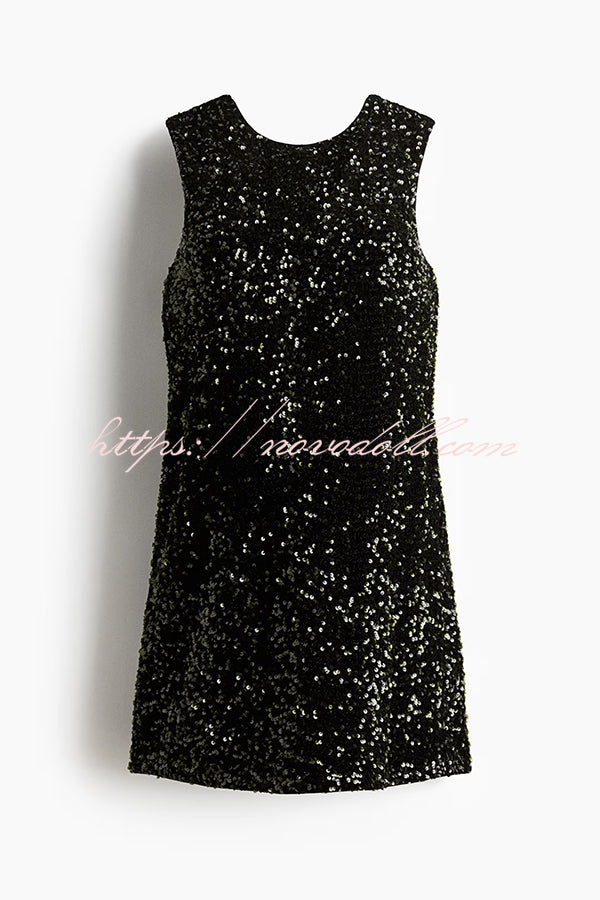 Glam Season Velvet Sequin Back Oversized Bow Design Sleeveless Loose Mini Dress