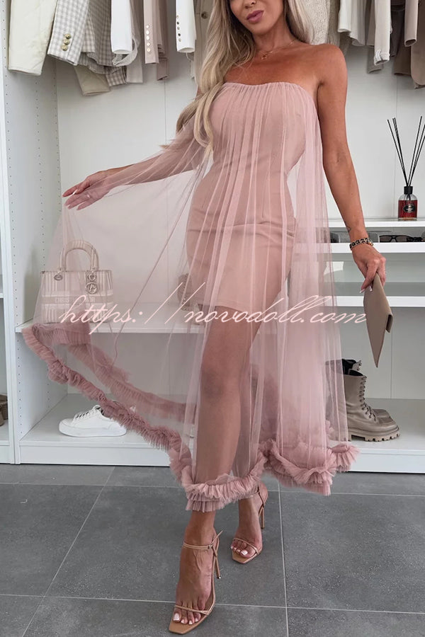 Fairytale Charm Tulle Off Shoulder Ruffles Trim A-line Midi Dress