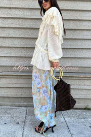 Autumn Boho Chiffon Floral Print Elastic Waist Tie-up Hem Balloon Pants