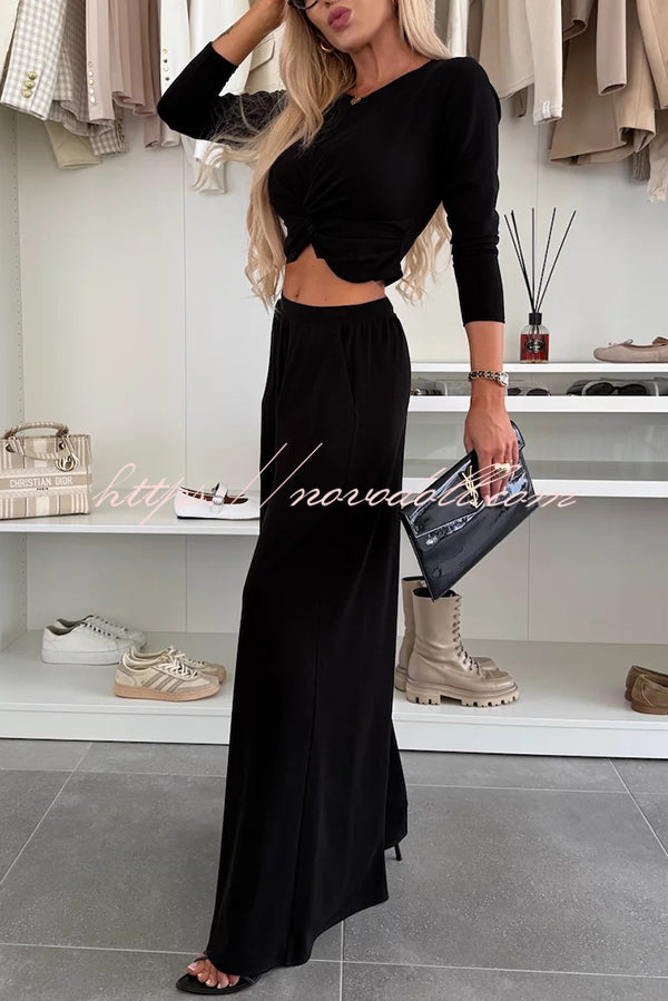 Solid Color Round Neck Long Sleeve Twist Crop Top and Elastic Waist Pocket Wide Leg Pants Set