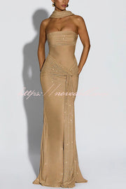 Paula Sequined Mesh and Jersey Off Shoulder Ruched Knot Drape Shawl Maxi Dress