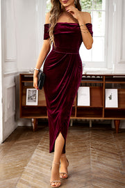 Solid Color Velvet Off-shoulder Slim-fit Elegant Slit Midi Dress