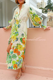 Summer Party Floral Print Balloon Sleeve Pocketed Belt Shirt Midi Dress