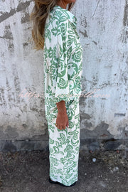 Linen Blend Unique Print Long Sleeve Loose Shirt and Elastic Waist Tie Pocket Pants Set