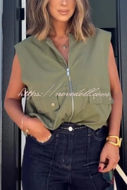 Fashion Zipper Sleeveless Pocket Loose Vest Jacket