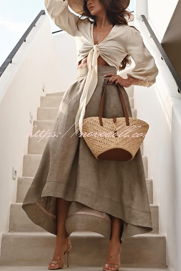 Lets Go Out Linen Blend Balloon Sleeve Wrap Tie-up Loose Top