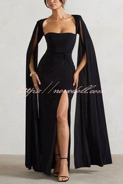 Elegant Goddess Square Neck Twisted Cape Sleeve Slit Maxi Dress