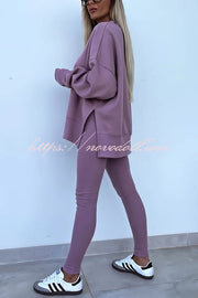 Solid Color Loose Long Sleeve SlitSweatshirt and Elastic Waist Tight Pants Set