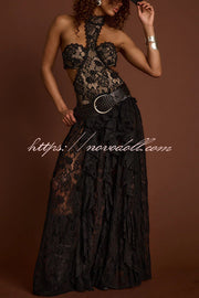 A Girls' Trip Lace High Neck Cutout Drop Waist Ruffles Maxi Dress