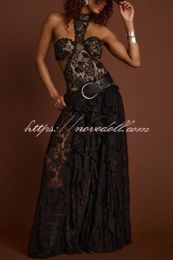 A Girls' Trip Lace High Neck Cutout Drop Waist Ruffles Maxi Dress