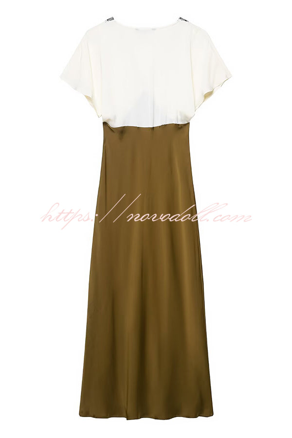 Fashionable Contrast Color V-neck Lace Stitching Maxi Dress