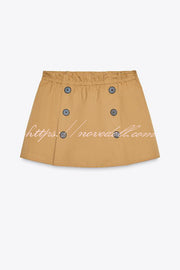 Chic Comfort Mid Rise Elastic Waist Contrast Buttons Pocket Mini Skort