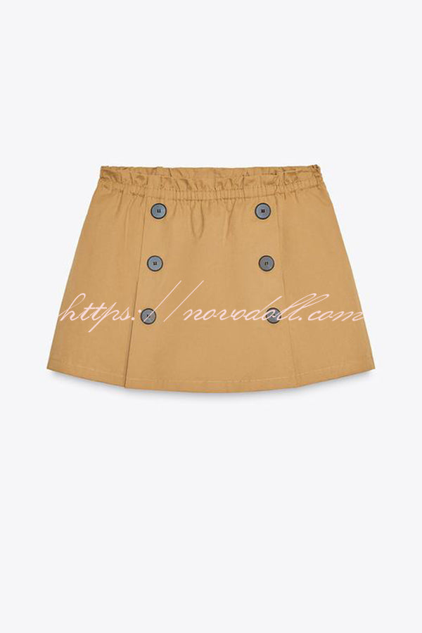 Chic Comfort Mid Rise Elastic Waist Contrast Buttons Pocket Mini Skort