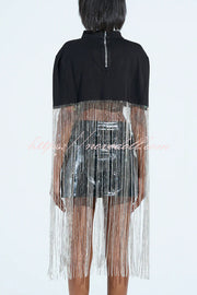 New Level Shiny Tassel Stand Neck Crop Cape Blouse