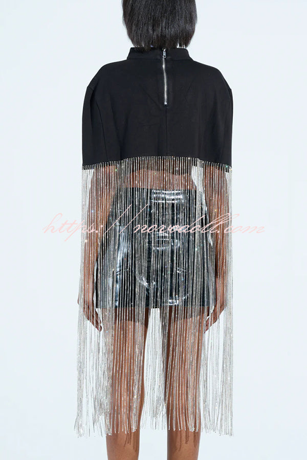 New Level Shiny Tassel Stand Neck Crop Cape Blouse