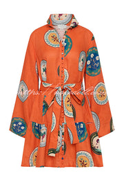 Linen Blend Unique Print Tie Waist Loose Mini Dress