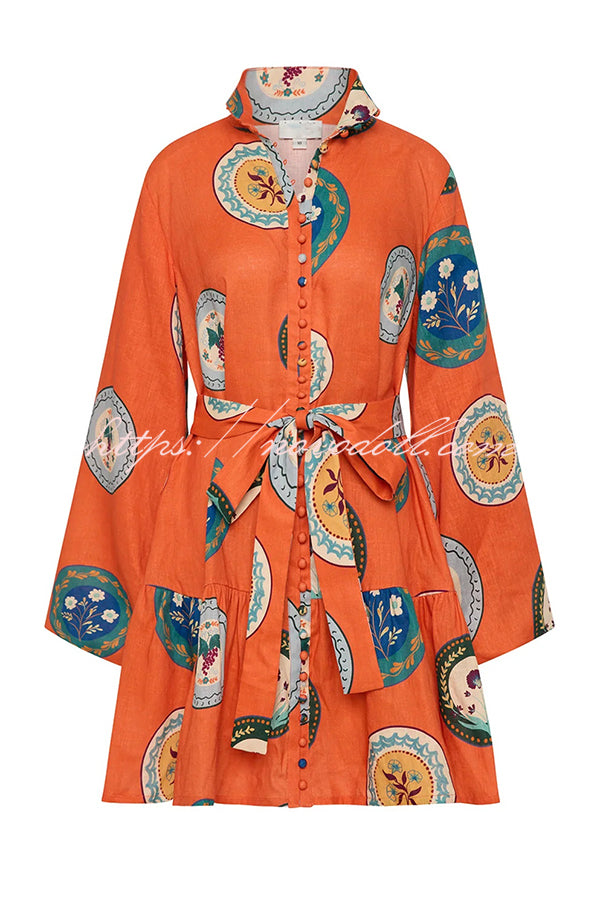 Linen Blend Unique Print Tie Waist Loose Mini Dress