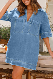 Tara V Neck Pocket Half Sleeve Denim Mini Dress