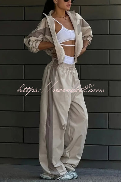 Fashionable Contrasting Long-sleeved Loose Coat and Elastic Waist Wide-leg Pants Set