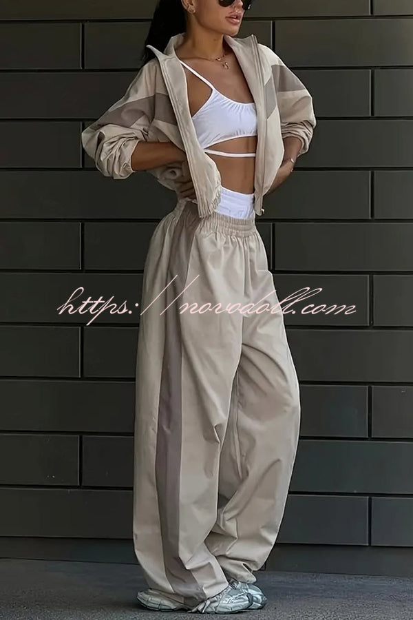 Fashionable Contrasting Long-sleeved Loose Coat and Elastic Waist Wide-leg Pants Set