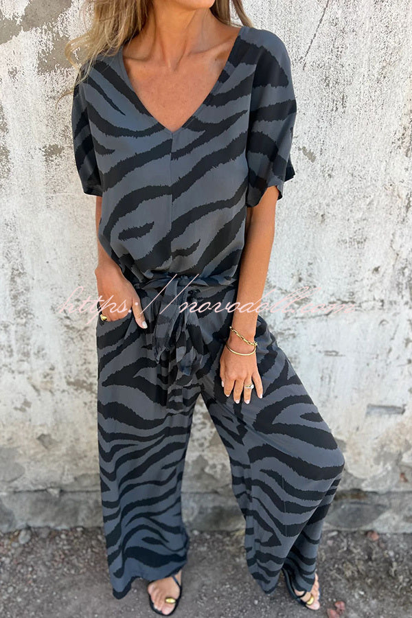 Zebra Print V-neck Short-sleeved Lace-up Top and Elastic Waist Pocket Straight-leg Pants Set