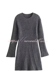 Beautiful Basic Ribbed Knit Long Slit Sleeve Flare Stretch Dress