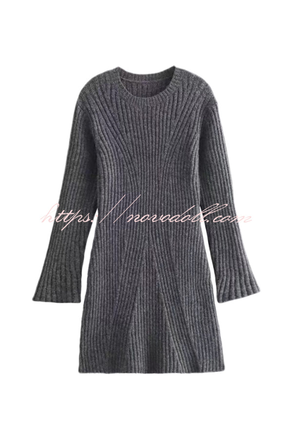 Beautiful Basic Ribbed Knit Long Slit Sleeve Flare Stretch Dress