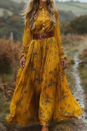 Floral Print Lapel Long-sleeved Belted Holiday Maxi Dress