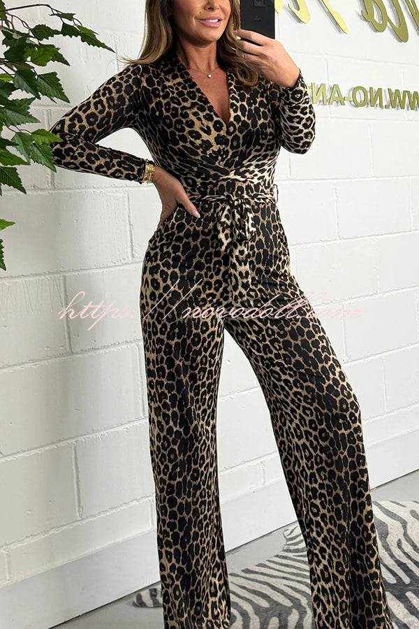 Fashion Leopard Print V-Neck Long Sleeve Lace-Up Casual Jumpsuit