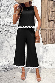 Wave Trimmed Round Neck Buttoned Elastic Waist Pants Suit