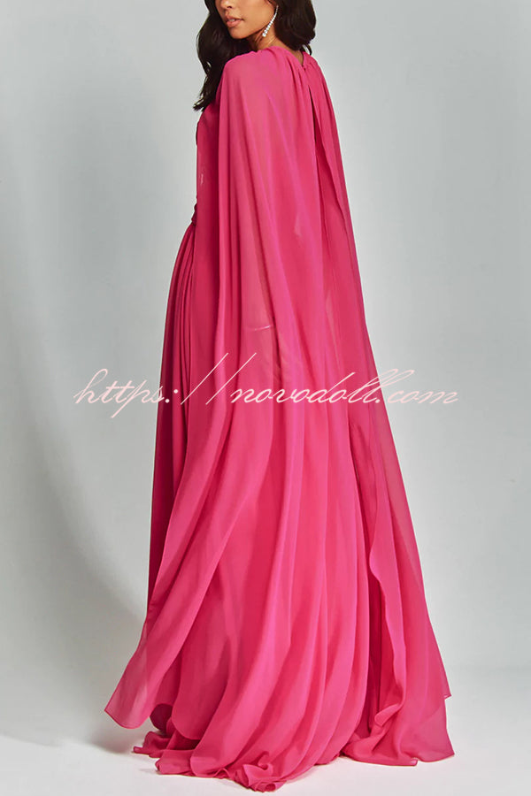 Romantic Party Chiffon Off Shoulder Sweetheart Neck Ruched Cape Maxi Dress