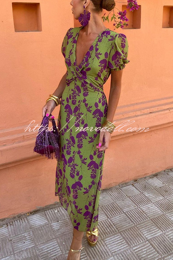 Botanical Print V-neck Puff Sleeve Tie Waist Midi Dress