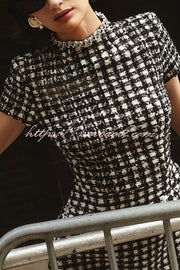 Eve Check Bouclé-tweed Fabric Pearl Trim Short Sleeve Pocketed Mini Dress
