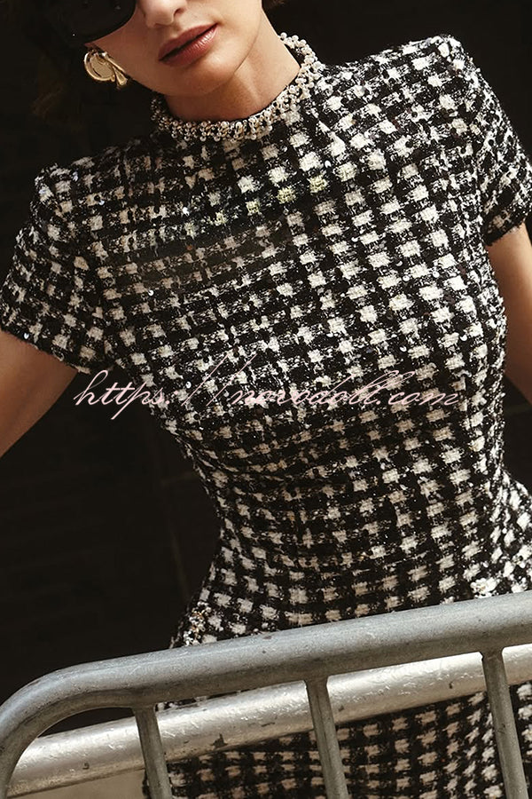 Eve Check Bouclé-tweed Fabric Pearl Trim Short Sleeve Pocketed Mini Dress