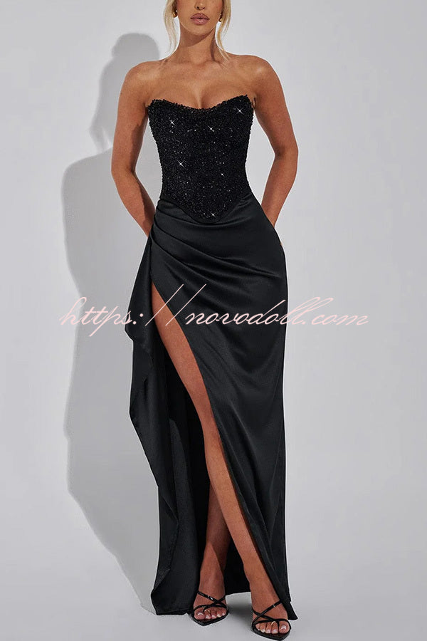 Amazing Dream Sequin Satin Patchwork Off Shoulder Ruffles Drape Slit Maxi Dress