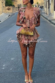 Dreamy Island Floral Leopard Print Cutout Waist Tiered Ruffles Mini Dress