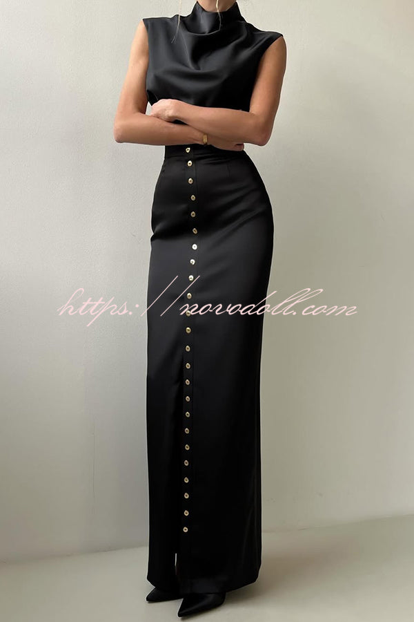 Solid Color Casual Sleeveless Crop Top and Elegant Button-down Maxi Skirt Set