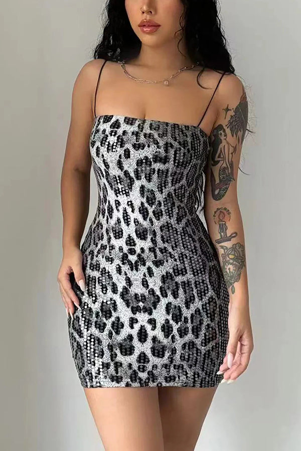 Leopard Print Sequin Sexy Sling Slim Fit Mini Dress