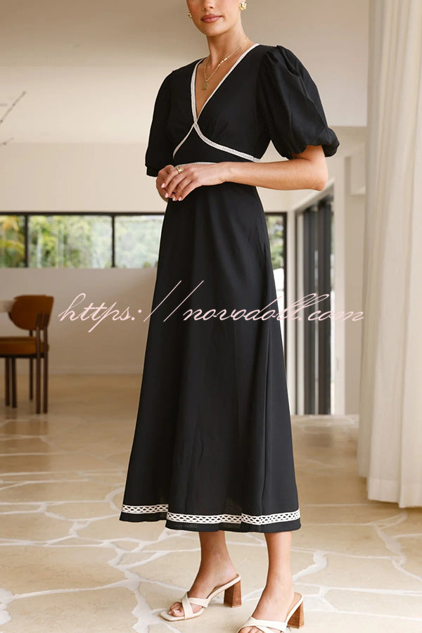 Fashionable Contrasting Color Edge V-neck Puff Sleeve Midi Dress