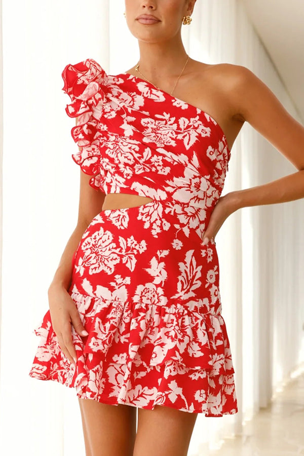 Floral Print One-shoulder Ruffled Waist Cutout Mini Dress