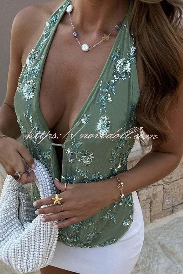 Plant Sequin Sexy Elastic Backless V-Neck Top