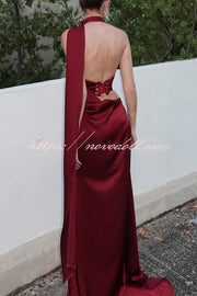 Solid Color Satin Elegant Sleeveless Waist Maxi Dress