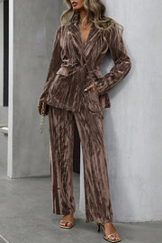 Solid Color Velvet Loose Long-sleeved Top and Elastic Waist Pocket Casual Straight-leg Pants Set