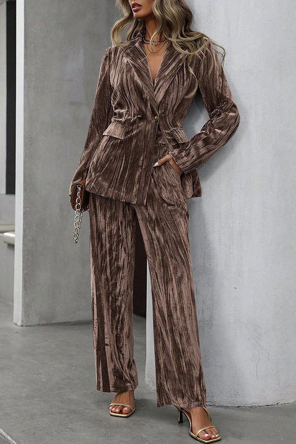 Solid Color Velvet Loose Long-sleeved Top and Elastic Waist Pocket Casual Straight-leg Pants Set