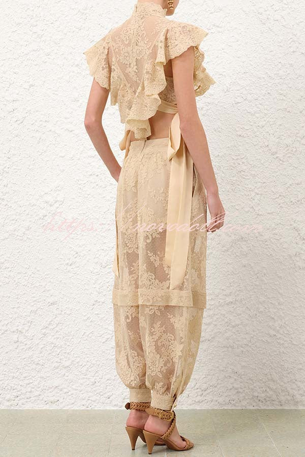 Ellie Lace Gathered Waist Pocket Button Ankle Cuffs Harem Pant