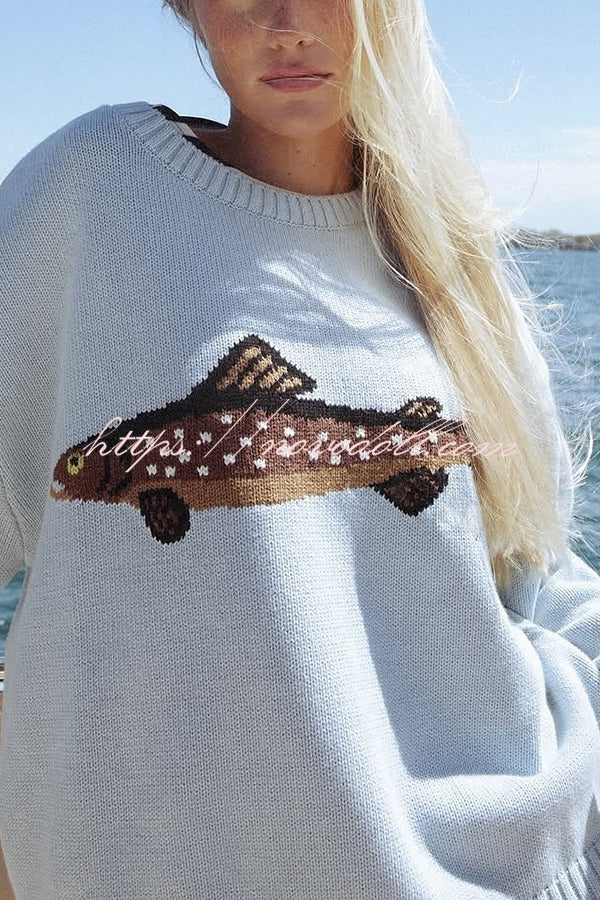 Fashionable Fish Pattern Round Neck Loose Knitted Sweater