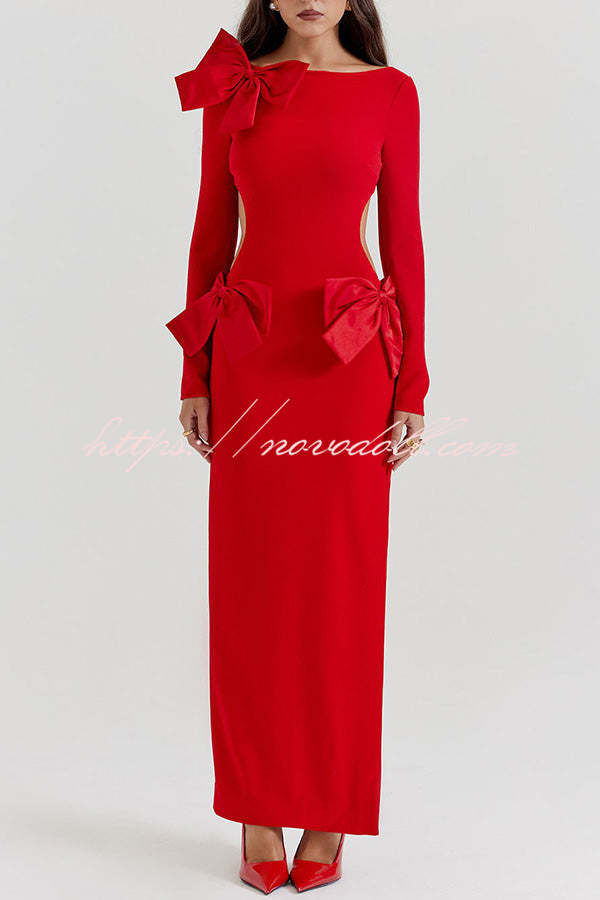 Lovely Bow Cutout Button Back Zipper Long Sleeve Maxi Dress