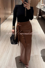 Snappy Casual Slay Faux Leather High Rise Wrap Tie-up Stretch Maxi Skirt