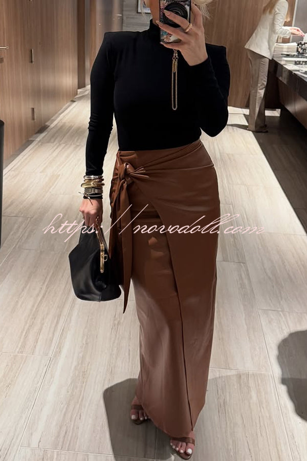 Snappy Casual Slay Faux Leather High Rise Wrap Tie-up Stretch Maxi Skirt