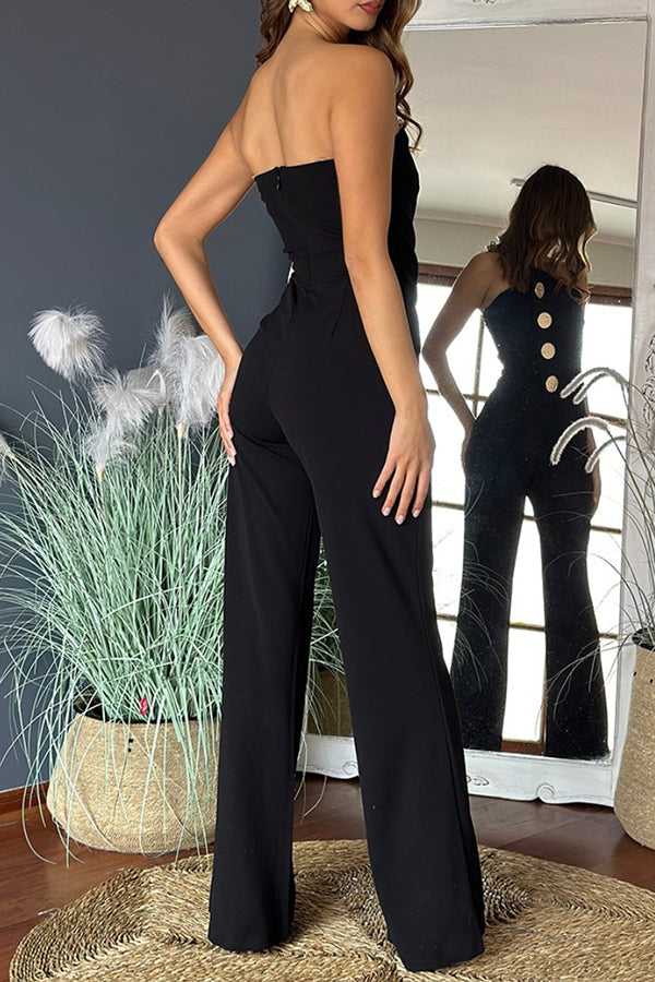 Solid Color Sexy Tube Top Gold Button Embellished Bootcut Jumpsuit